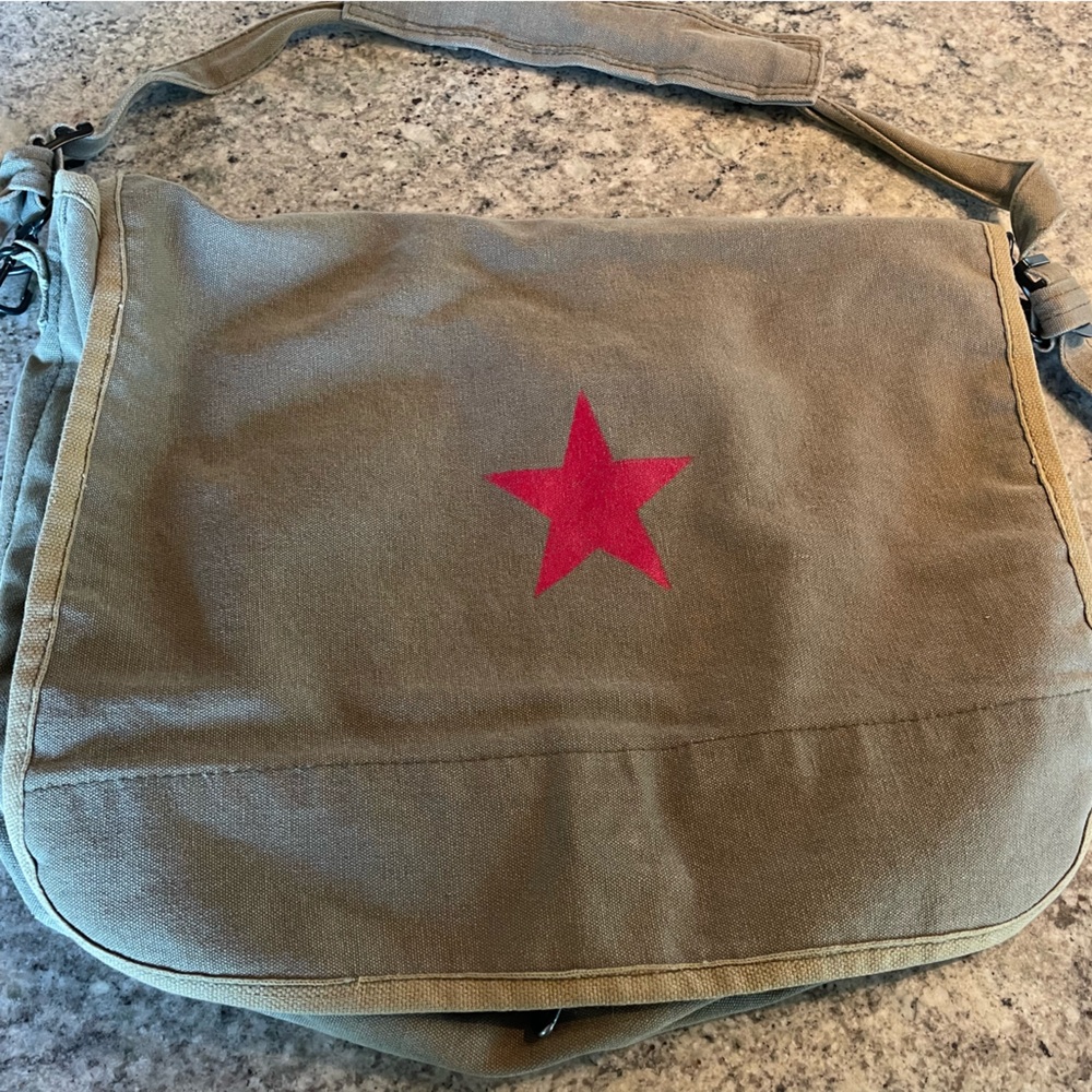 Khaki Canvas Messenger Bag with Red Star